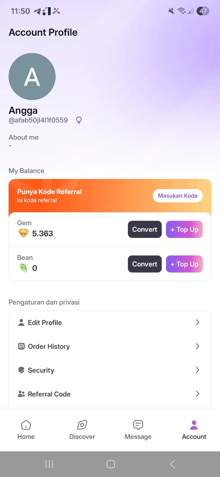 Langkah 1 - Button Top Up di menu Settings